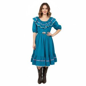 Vintage Jeri Bee Womens Blue Square Dance Dress Size 8 80s Retro Western Prairie